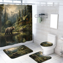 Rustieke beren douchegordijnset, 4-delig, waterdicht, boerderijstijl, inclusief douchegordijnen en antislipmatjes, 72x72 inch