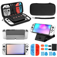 Custodia per Nintendo Switch OLED 2021 compatibile, pacchetto 16 in 1 con 20 slot per giochi, pellicola protettiva per lo schermo, stilo, auricolari,