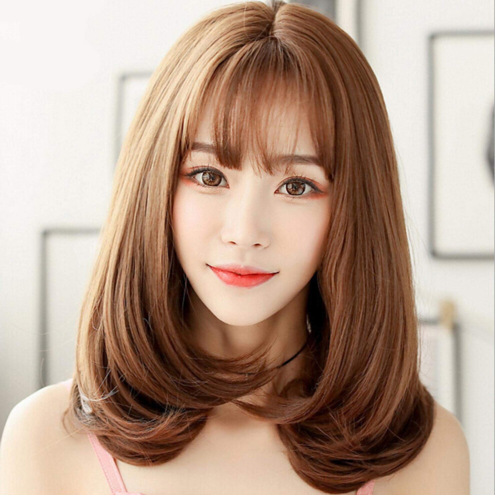 Unisex Black Long Curly Wig With Air Bangs And Realistic Scalp Design For Women's Fashion,