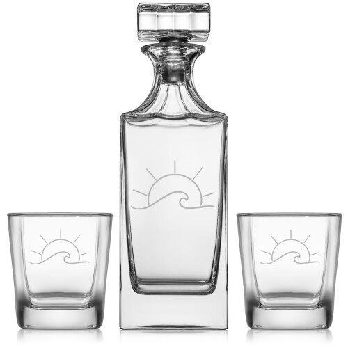 Conjunto de presente com decantador de uísque e 2 copos de uísque Old Fashioned Rocks, tema sol e ondas, casa de praia/lago.