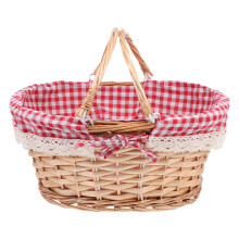 Rieten picknickmand, dubbele inklapbare handgrepen, rood geruite stof - 37x27x17 cm