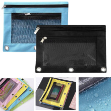 Conjunto de 2 estojos de tecido para lápis, compatíveis com fichários de 3 furos, pretos, com grande capacidade, janela transparente e zíper