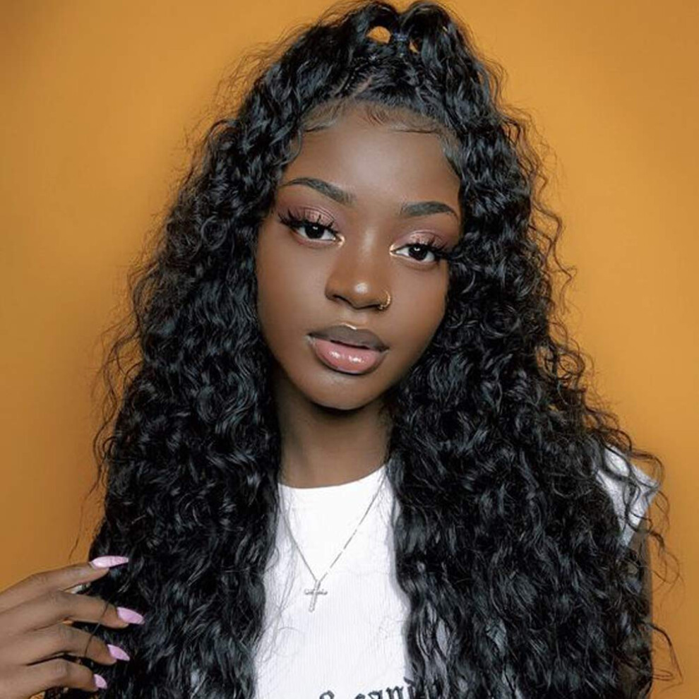 Unisex Black 20Inch Brazilian Human Hair Lace Front Wig For Women Pre Plucked Kinky Curly Natural Hairline