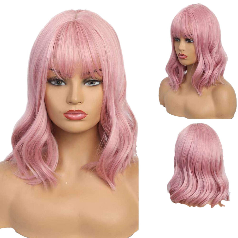 Unisex Short Wavy Bob Wig With Bangs For Women Heat Resistant Synthetic Natural Looking Hair