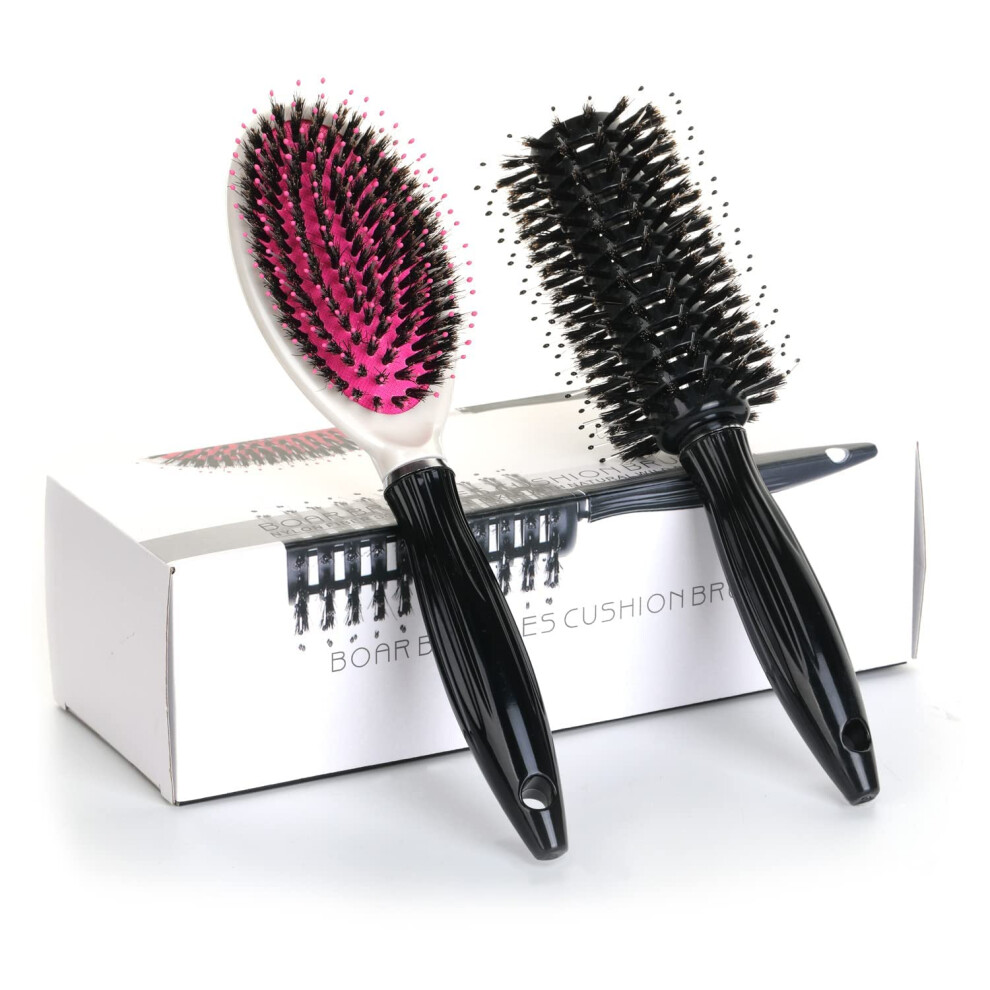 Boar Bristle Hair Brush Set with Detangling Paddle and Round Blow Drying Brush for Thick Hair