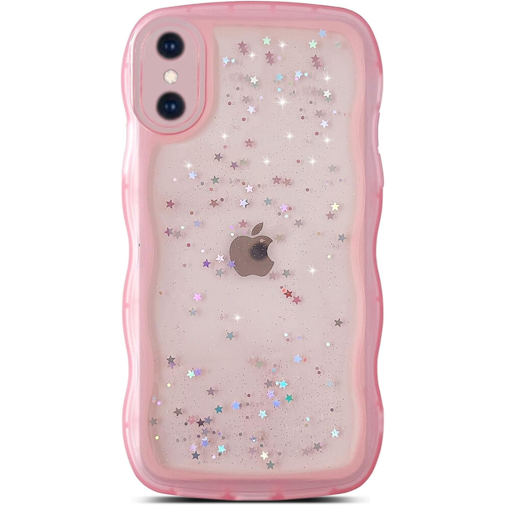 Qokey Compatible With Iphone Xs Case / Iphone X 5.8" Curly Wave Edge Transparent Bling Glitter Star Shiny Shockproof Soft Tpu Cover, Pink 9191629677559