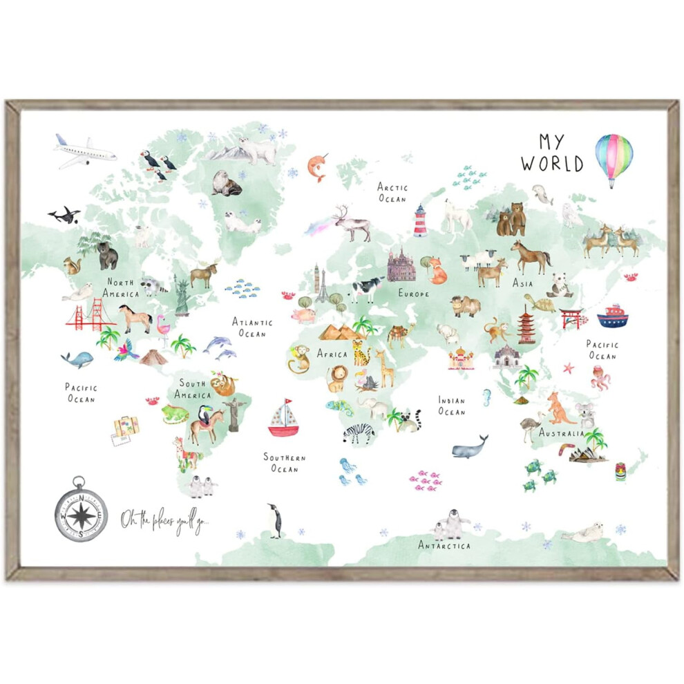 Kids World Map Wall Art, Animal Map Canvas Print 16X24", Educational Nursery Decor, Compatible With Children's Room & Playroom Green