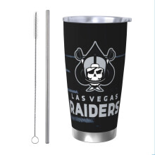 Termos din oțel inoxidabil de 20 oz cu capac și pai, cu temă echipa de fotbal Raiders - Compatibil cu suporturile de pahare auto, băuturi calde