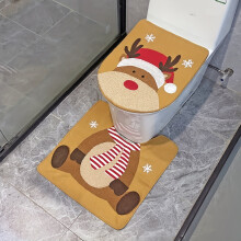 Juego de 2 piezas de funda para asiento de inodoro y alfombra navideña, decoración festiva para el baño con Papá Noel y renos, diseño de tela