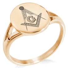 Stainless Steel Freemasons Masonic Floral Compass Minimalist Oval Top Polished Statement Signet Ring