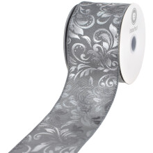 Fita de cetim aramada com relevo de espirais elegantes HOMEFORD para o Natal, 6,35 cm (2-1/2 polegadas), 9,14 m (10 jardas), cinza