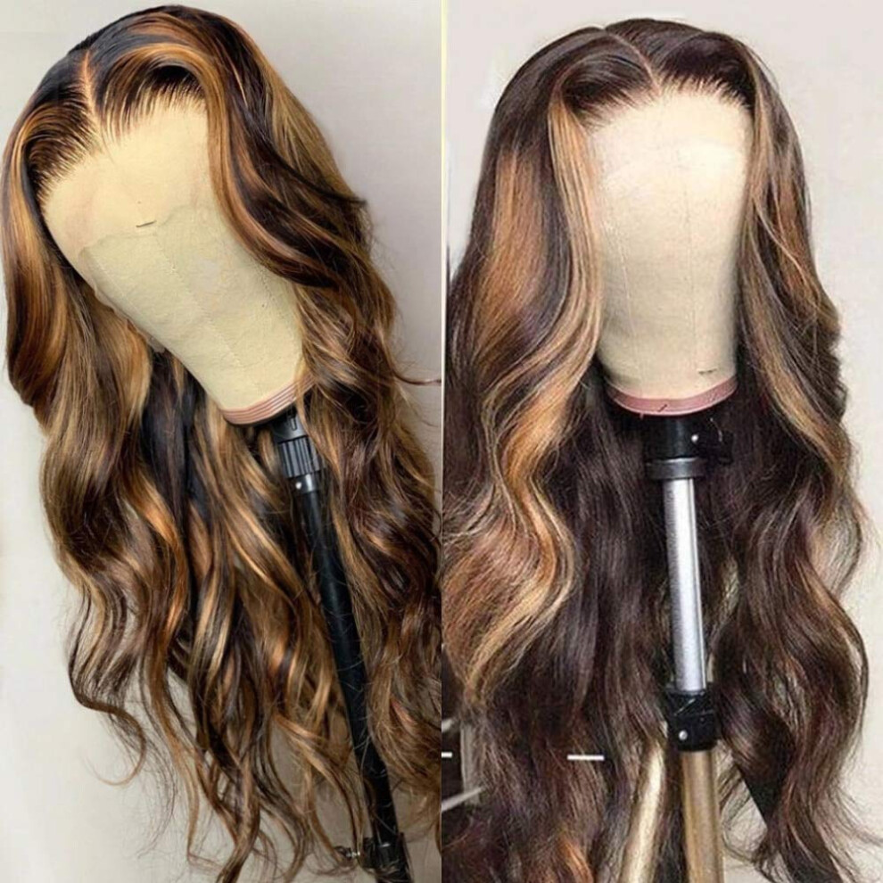 Human Hair Lace Front Wig Blonde Highlight Ombre Body Wave T Part 150% Density Natural Hairline
