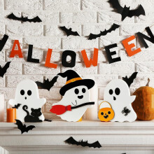 SUSUchens 1/3Pcs Halloween Ghost Decorations Wooden Hanging Ornaments Black Cat Witch Broom Pumpkin Spider Ghost Decor Party Supplies Orange