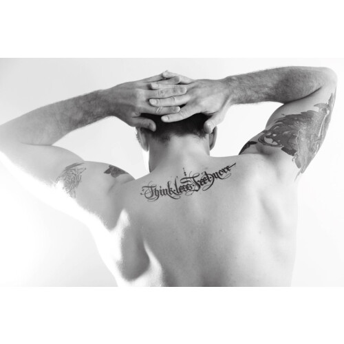 Waterproof Temporary Tattoo Hand Painted Script Think Less Feel More Design 20cm x 7cm 1