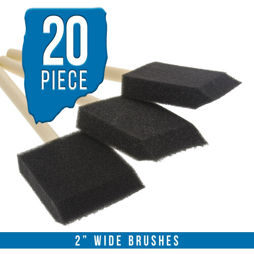 Conjunto de 20 pincéis de espuma com cabo de madeira de 5 cm (2 polegadas) da US Art Supply - Leves e duráveis. 2