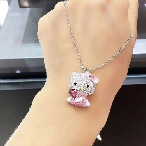 Κολιέ Hello Kitty Sanrio Anime χαρακτήρας ροζ ροδάκινο καρδιά κρύσταλλο γάτα push-pull βραχιόλι 2