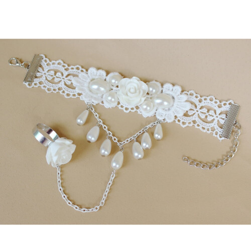 Pulseira elegante de renda com pérolas e rosas brancas, pulseira rígida com anéis para noivas, mulheres e meninas. 1