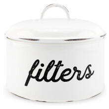 Porte-filtre à café en forme de panier, récipient de rangement pour filtres en émail blanc au style rustique et vieilli.