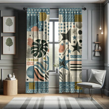 Ambesonne abstrakte gardiner, Art Monstera Stars Memphis, par på 68 x 235 cm, skiferblå eggeskallgul