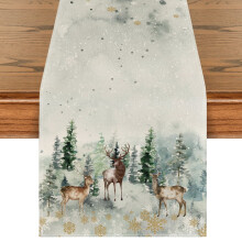 Sm: )e Camino de mesa navideño de invierno con ciervos, árboles y copos de nieve en acuarela, 13x60 pulgadas