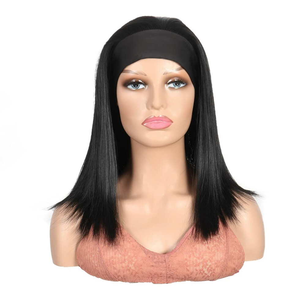 Headband Wig for Black Women 14 Inch Straight Synthetic Hair Natural Hairline Heat Resistant