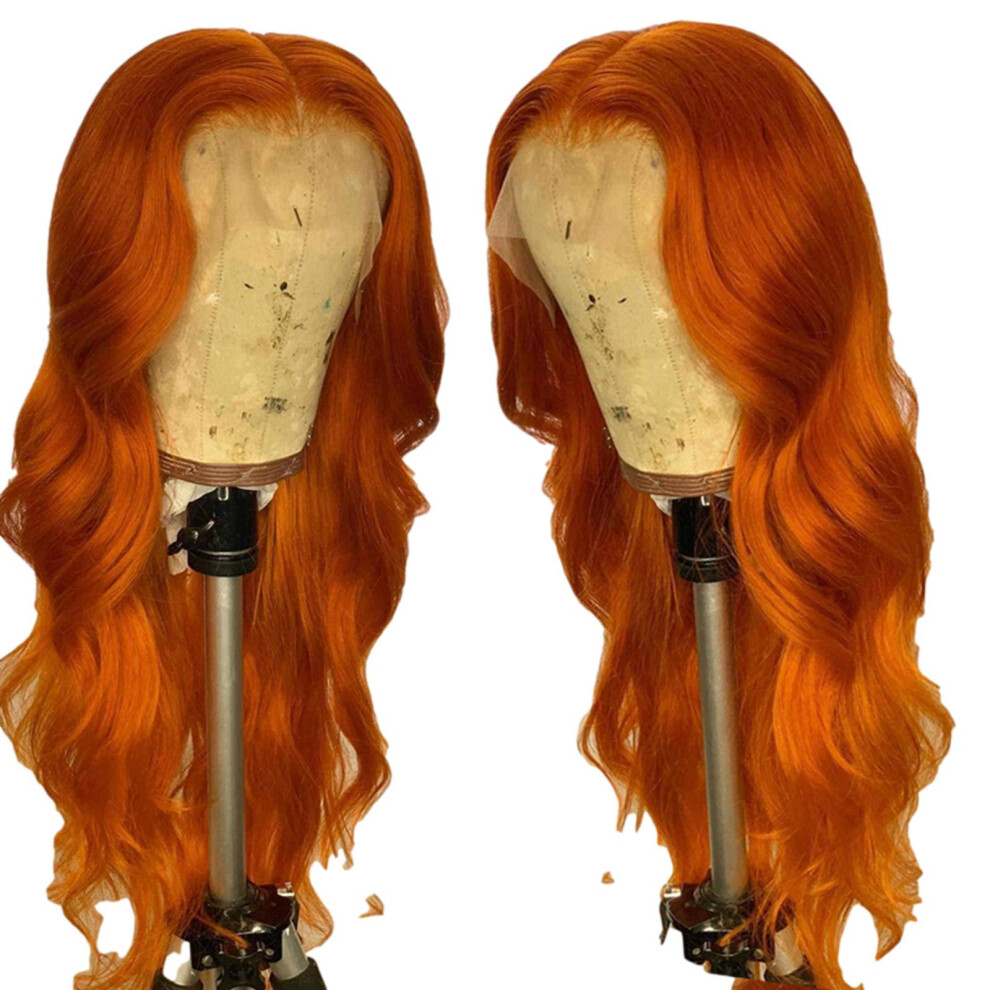Unisex Orange Ginger Long Wavy Lace Front Human Hair Wig Glueless Pre Plucked Brazilian Remy 180% Density
