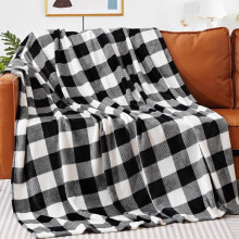 Fleecefilt, svartvit buffelpläd för soffa, bäddsoffa, mjuk varm och mysig plyschrutig filt, lätt lantlig inredning