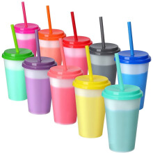 Casewin10 balení 12oz plastových dětských kelímků s víčky a brčky - opakovaně použitelné sklenice měnící barvu, vhodné pro dospělé,