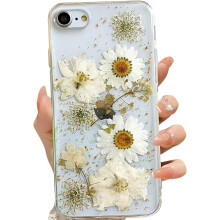 Kompatybilny z przezroczystym etui iPhone 15Pro Max, wzór z prasowanych prawdziwych kwiatów, brokatowy, uroczy biały wzór kwiatowy, smukła,