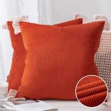Fodera per cuscino decorativo quadrato in velluto a coste morbido Phantoscope con nappe in cotone, tinta unita, per divano, 51 x 51 cm, rosso,