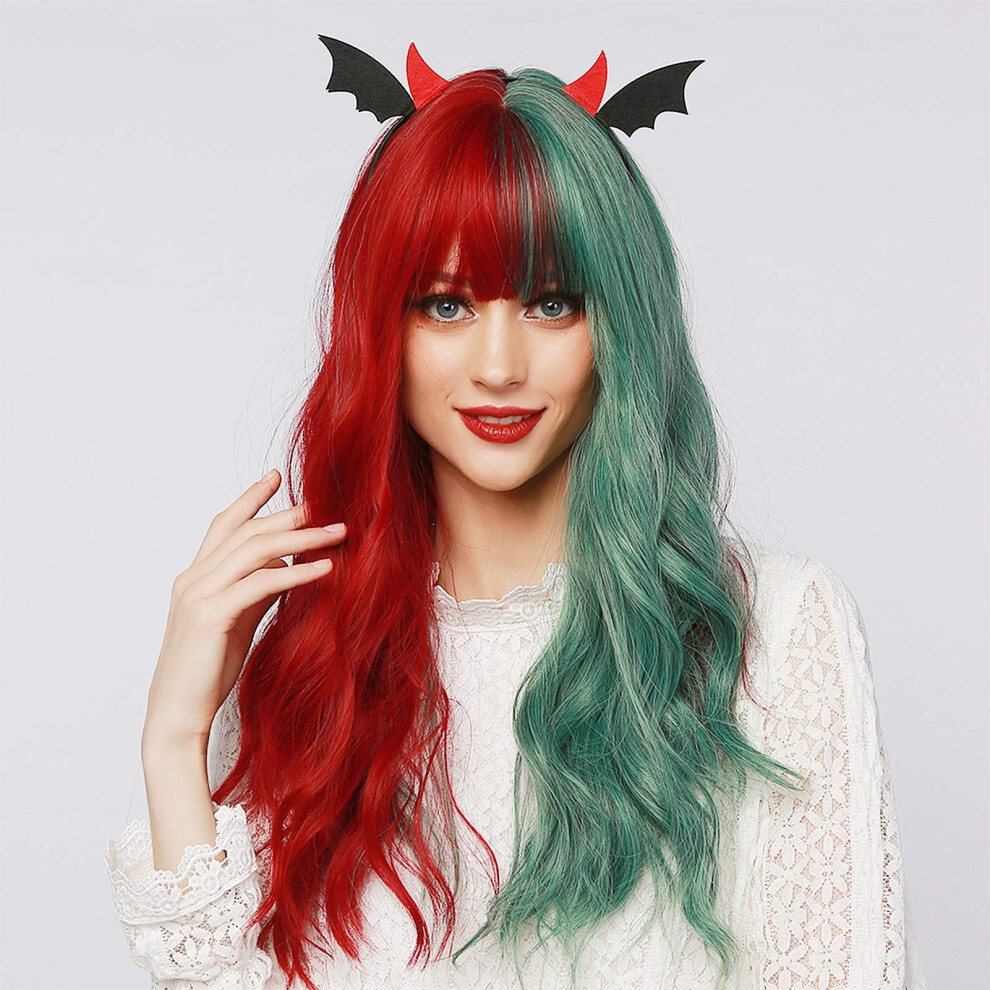 Unisex Green,Red Halloween Cosplay Wig Twotone Red And Green Long Wavy 66Cm Bangs Synthetic Fiber Adjustable Cap