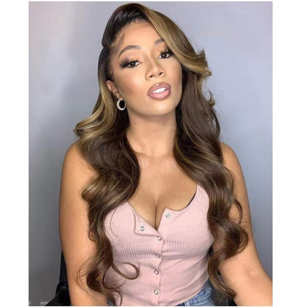 Unisex Brown Ombre Highlight 13X6 Transparent Lace Front Remy Human Hair Wig Wavy Pre Plucked 22'