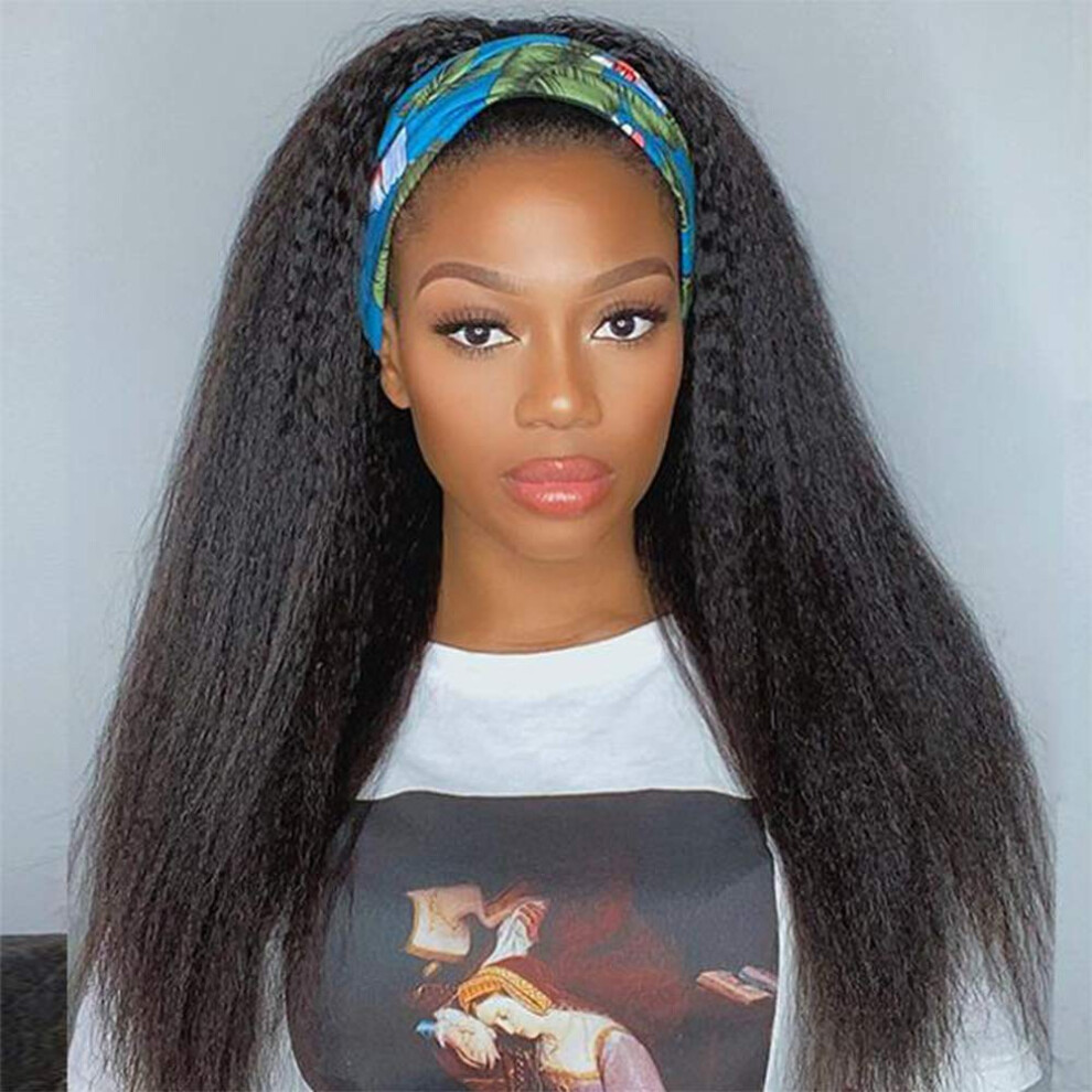 Unisex Black 24 Inch Kinky Straight Headband Wig For Women Long Yaki Style Glueless Natural Hairline