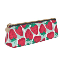 Astuccio portapenne con grazioso motivo di fragole e foglie verdi, con cerniera, in pelle, ideale come borsetta portaoggetti o organizer per