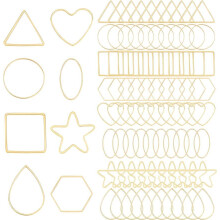 caixa com 80 peças de anéis de latão banhados a ouro 18K com engaste vazado em 8 estilos diferentes, compatíveis com confecção de joias DIY.