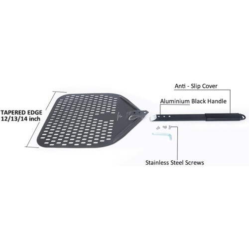 14 Inch Aluminum Perforated Rectangular Pizza Peel Paddle with Ergonomic Handle and Cutter 1