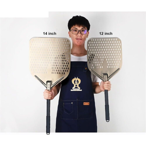 14 Inch Aluminum Perforated Rectangular Pizza Peel Paddle with Ergonomic Handle and Cutter 2