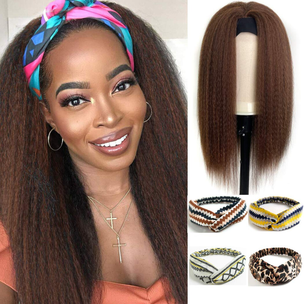 Unisex Black,Brown Long Yaki Straight Headband Wig 24 Inch Brown Synthetic Kinky Straight Wig For Black Women