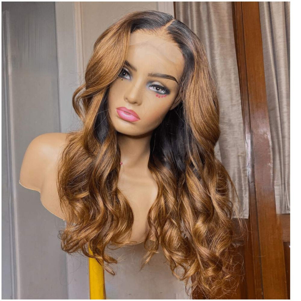 Unisex Brown Ombre 20 Inch Brazilian Remy Lace Front Human Hair Wig Curly Wavy Pre Plucked 13X6 Transparent Lace Frontal 150 Density