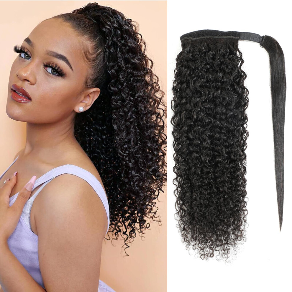 Unisex Black Curly Ponytail Extension For Women Natural Human Hair Instant Volume Boost Wrap Around 18' 1B