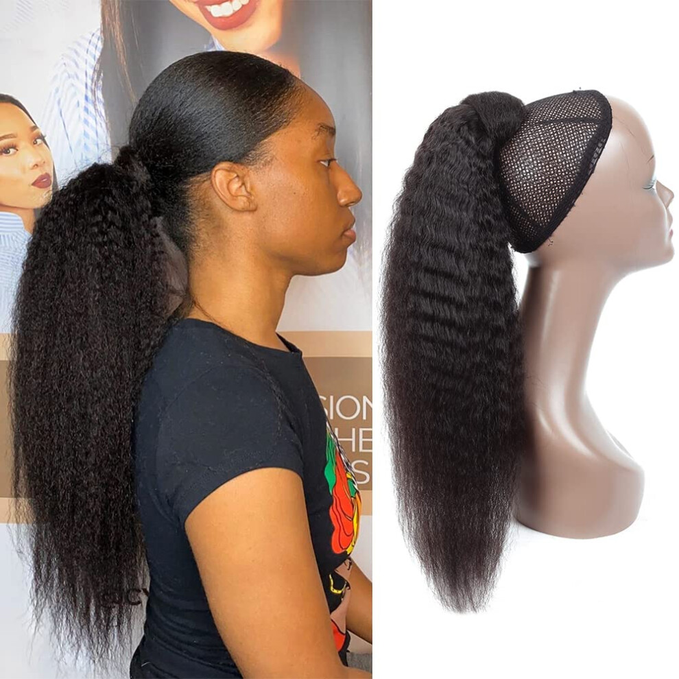 Unisex Black 20 Inch Kinky Straight Human Hair Ponytail Extension, Brazilian Virgin Hair Wraparound Clip