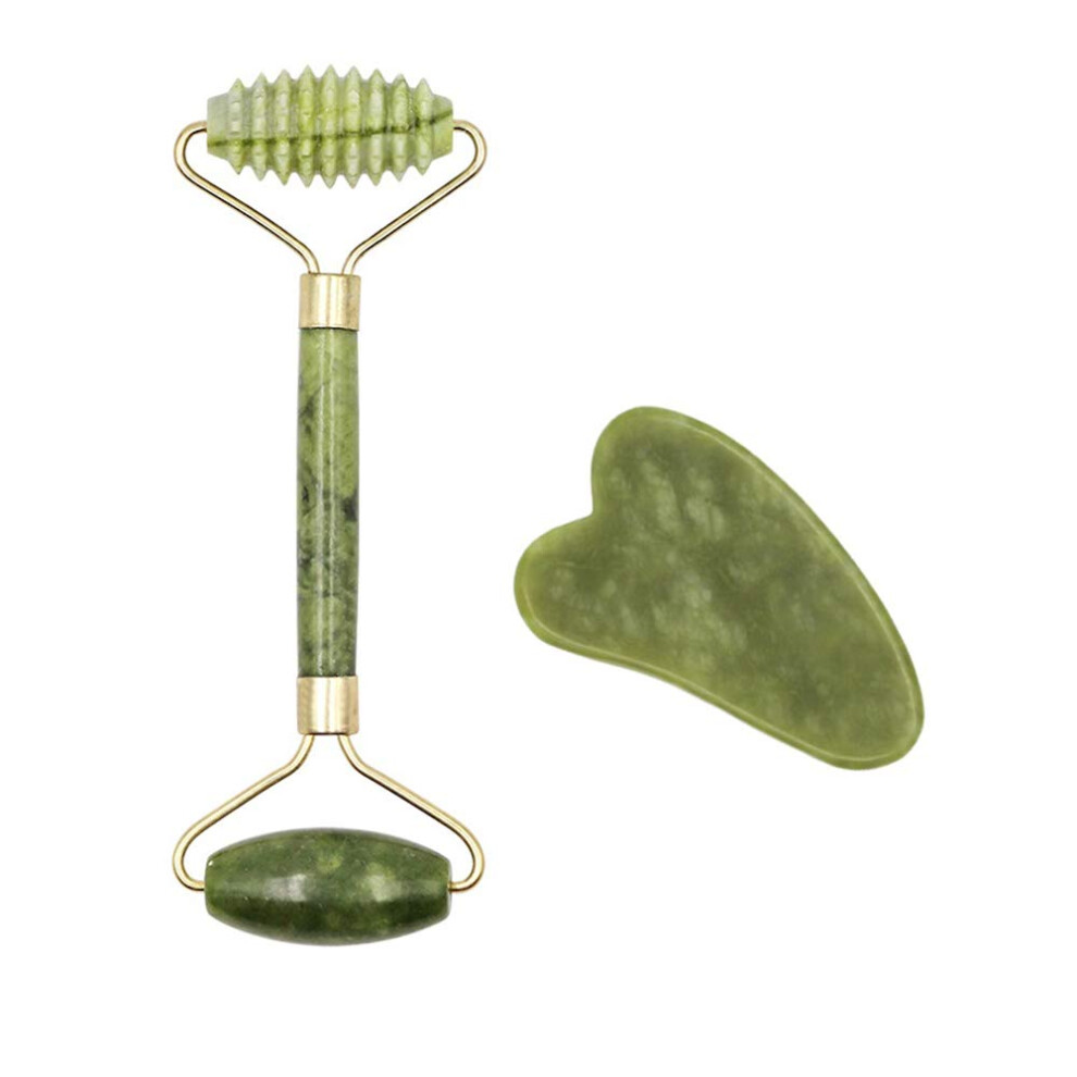 Jade Roller and Gua Sha Set with DualEnded Handcarved Natural Stone for Cooling Facial Massage