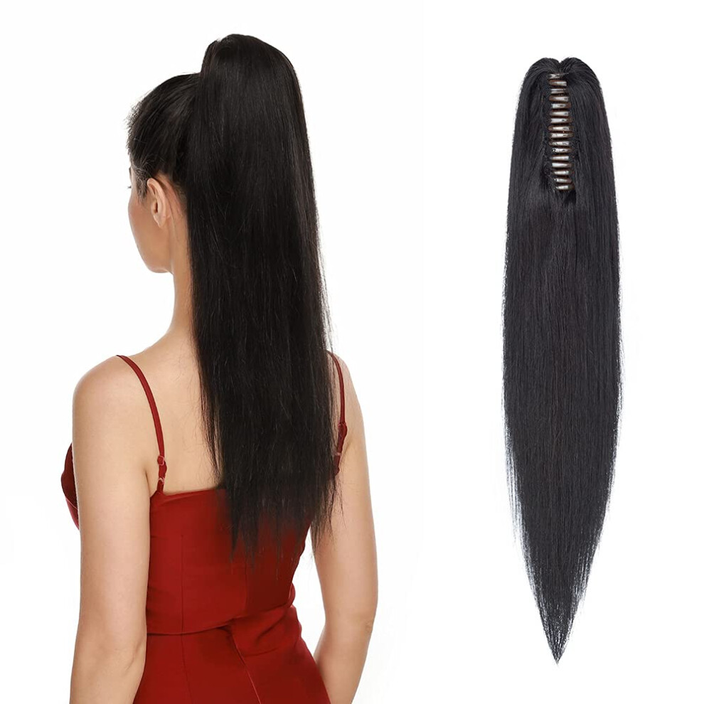 Unisex Black Remy Human Hair Ponytail Extension 22 Inch Long Straight Clip In Claw Clip Hairpiece For Women Jet 120G
