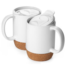 Conjunto de 2 canecas de café de cerâmica de 443 ml (15 oz) com base de cortiça isolada e tampa à prova de respingos, brancas.