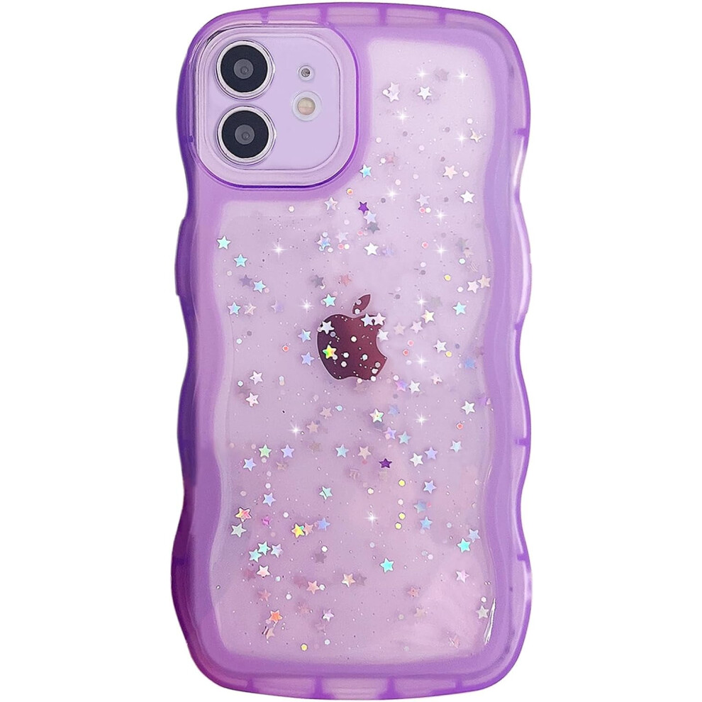 Qokey Compatible With Iphone 12 Mini Case 5.4" Curly Wave Edge Transparent Bling Glitter Star Shiny Shockproof Soft Tpu Cover For Women Girls, Purple 9322103584173