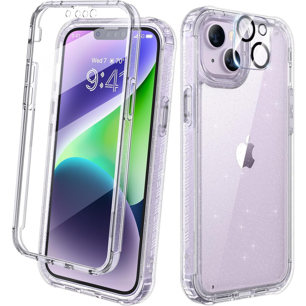 Diaclara Rugged Case For Compatible With Iphone 14 Plus 6.7", Full Body Protection With Built-In Screen & Camera Lens Protector, Clear Glitter 9322103584319
