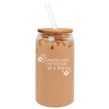 16oz Can Shaped Glass Iced Coffee Cup with Bamboo Lid and Straw Gift Changing Lives Once Session At A Time Occupational Therapist