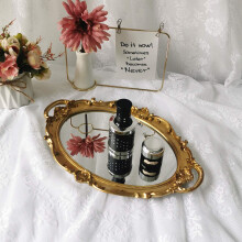 Vintage Oval Mirror Tray with Gold French Style Design for Jewelry, Perfume and Serving