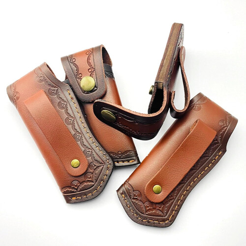 Leather Folding Knife Sheath with Belt Loop, Brown Leather EDC Holster with Secure Snap Closure 4.33' 2