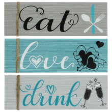 Conjunto de 3 Placas Decorativas de Madeira para Parede, Estilo Fazenda, com a Frase "Coma, Beba, Ame" - Decoração Rústica para Cozinha,